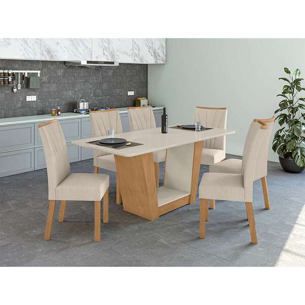 Mesa De Jantar Retangular Com Tampo De Vidro Off White E 6 Ca