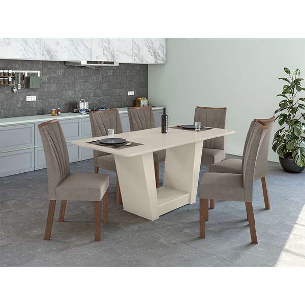 Mesa De Jantar Retangular Com Tampo De Vidro Off White E 6 Ca