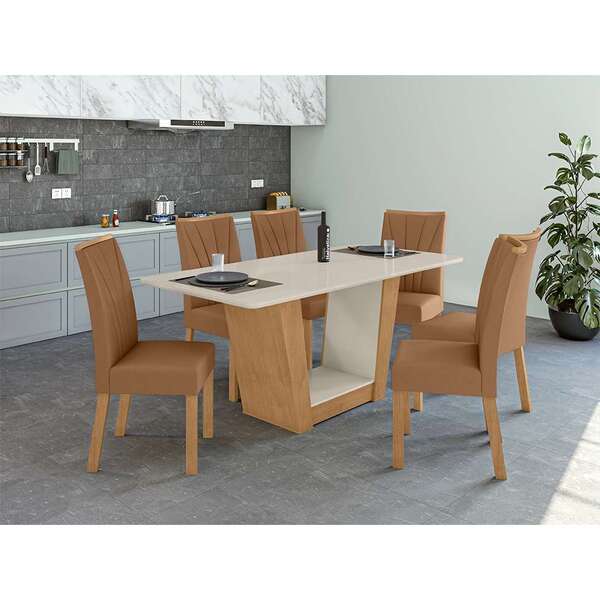 Mesa De Jantar Retangular Com Tampo De Vidro Off White E 6 Ca