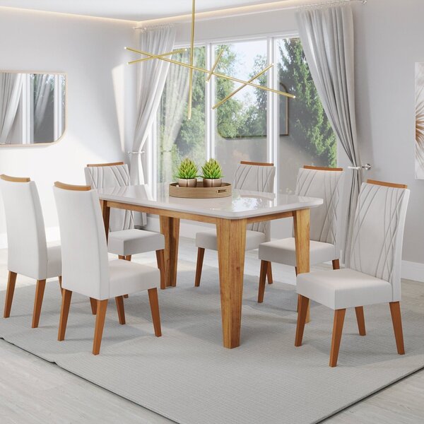 Mesa De Jantar Retangular Dakar 1,60x90 Com Vidro E 6 Cadeira