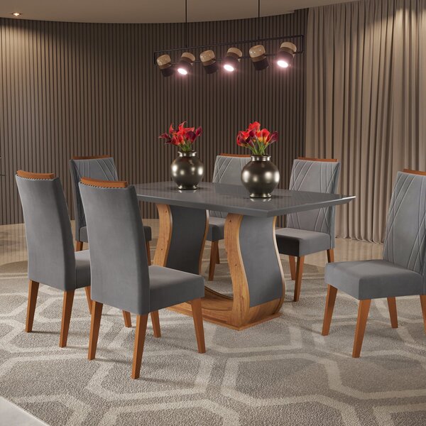 Mesa De Jantar Retangular Wanda Com 6 Cadeiras Madeira Maciça