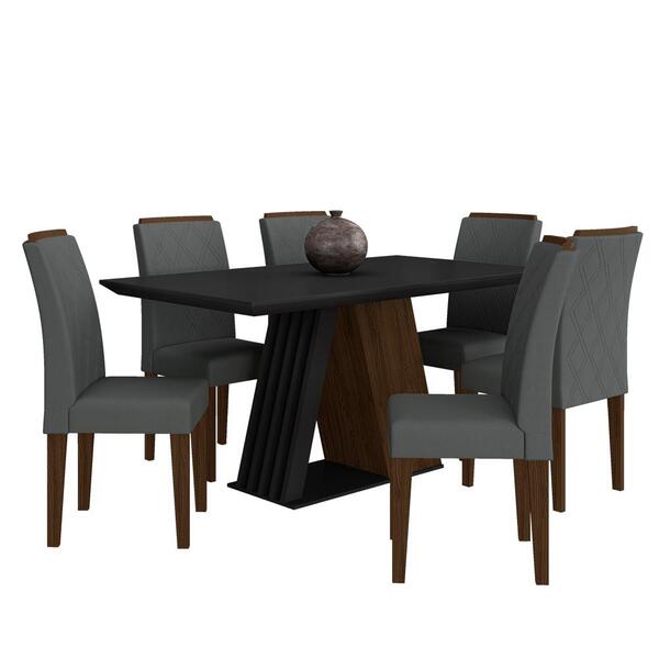 Mesa De Jantar Sícilia 6 Cadeiras Imbuia/preto/suede Cinza -