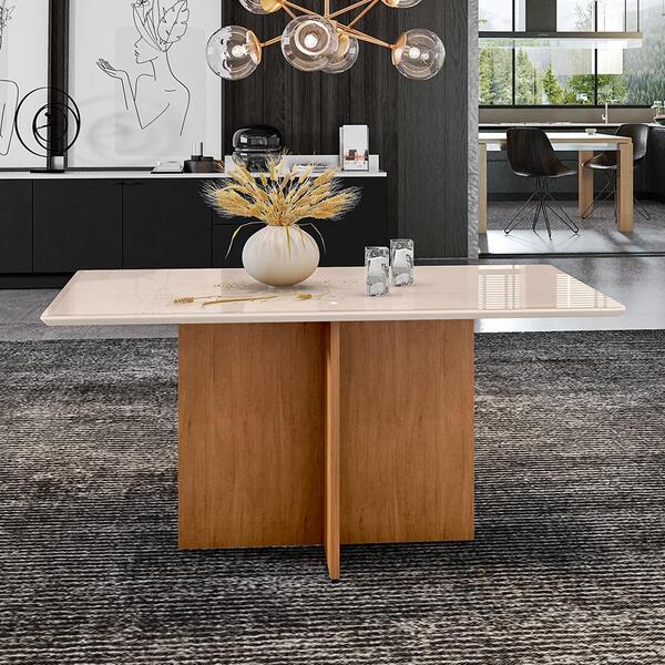 Mesa De Jantar Tampo De Vidro Sofia Off White Cedro 6 Lugares