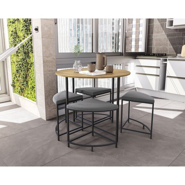 Mesa De Jantar Tampo Mdp Redondo 4 Bancos Estofados Freijo/pr