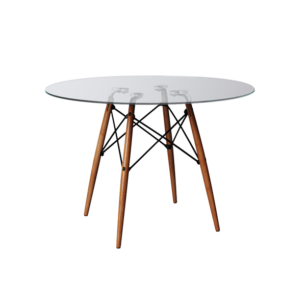 Mesa De Jantar Vidro Eames Eiffel Redonda 110cm Base Madeira