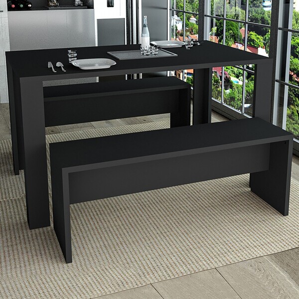 Mesa De Madeira  4 Lugares Com 2 Bancos  Preto - Appunto