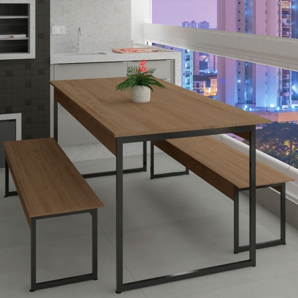 Mesa De Madeira Com 2 Bancos Freijó/preto Fosco Li013 - Kappe