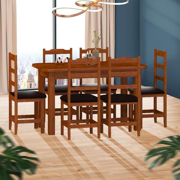 Mesa De Madeira Maciça Com 6 Cadeiras Estofadas Mel Preto Cle