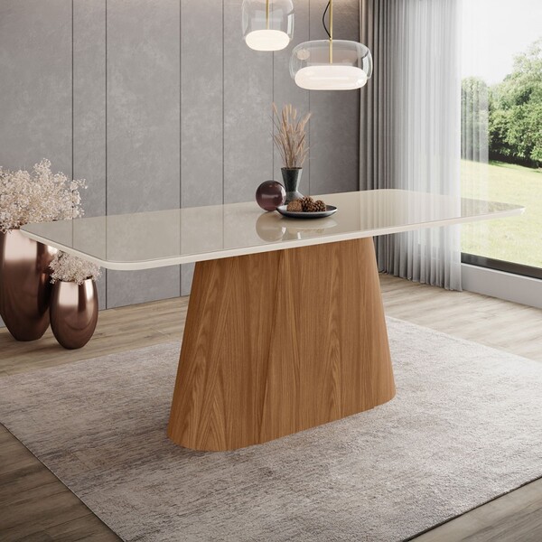 Mesa De Madeira Olívia 200 Cm Com Vidro Nature/off White - He