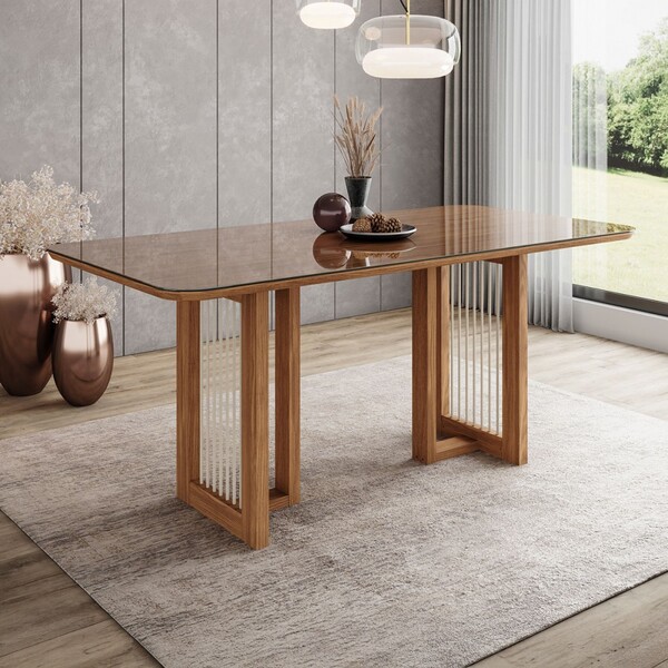 Mesa De Madeira Yara 160 Cm Com Vidro Nature - Henn