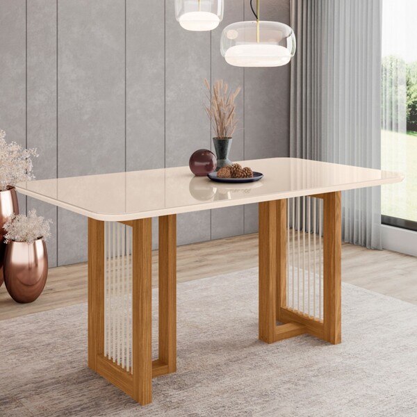 Mesa De Madeira Yara Com Vidro Nature/off White Sc79 - Henn