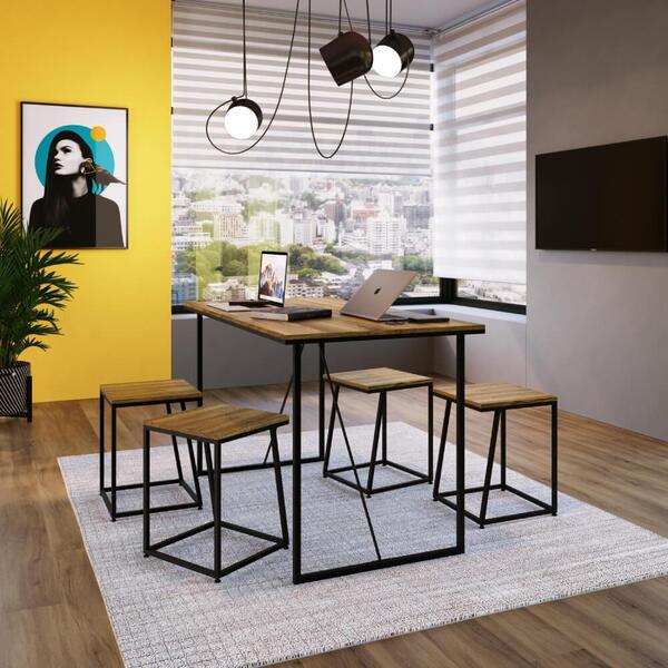 Mesa De Reunião Industrial Com 4 Banquetas Baixas - Preto/ca