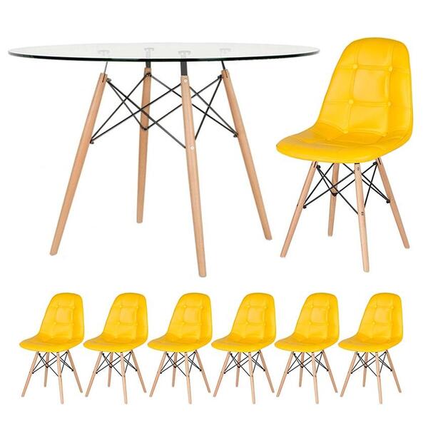 Mesa Eames Com Tampo De Vidro 120 Cm + 6 Cadeiras Estofadas E