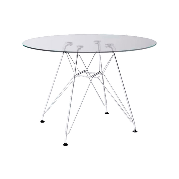 Mesa Eames Ferro Branco Tampo Redondo Vidro 90cm