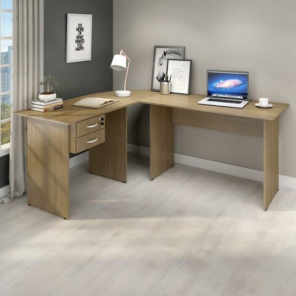 Mesa Em L 180x150cm 2 Gavetas Home Escritório Marrom Fresno