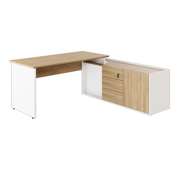 Mesa Em L Diretor Com Armário Lateral Caixa De Tomadas E 3 Gavetas