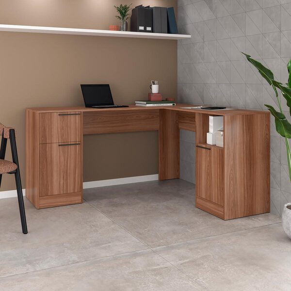 Mesa Em L Para Escritório 160 Cm 1 Gaveta 2 Portas Mdp Castan