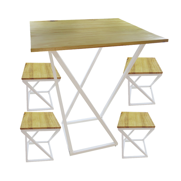 Mesa Em Madeira C/ Base De Metalon + 4 Banquetas De Metalon/m