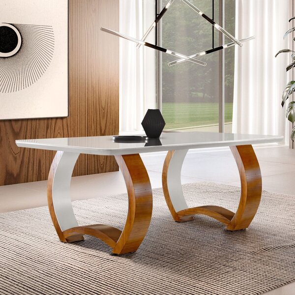 Mesa Em Madeira Maciça 180x90cm Tampo Vidro Bari  Cinamomo Im