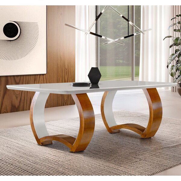 Mesa Em Madeira Maciça 220x110cm Tampo Vidro Bari  Cinamomo I