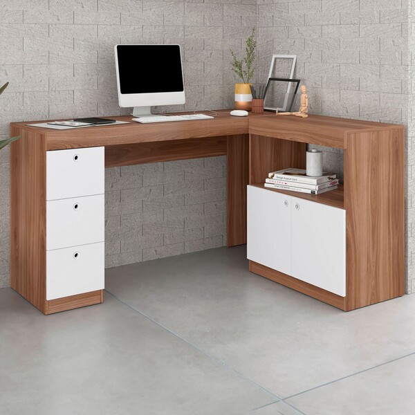 Mesa Escrivaninha 2 Portas 3 Gavetas Castanho/branco - Pnr Mó