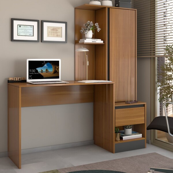 Mesa Escrivaninha Alune Com Estante 1 Porta 1 Gaveta Freijó/g