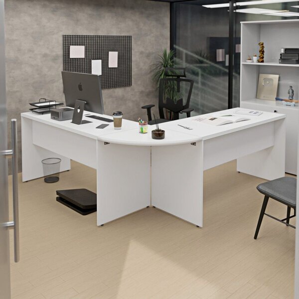 Mesa Escrivaninha Em L Canto Arredondado 140cm Branco Branco