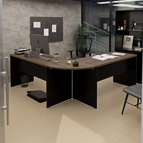 Mesa Escrivaninha Em L Canto Arredondado 140cm Nogal E Preto