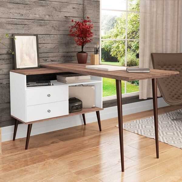 Mesa Escrivaninha Em L Com Estante 136 Cm 2 Gavetas Nichos Pé