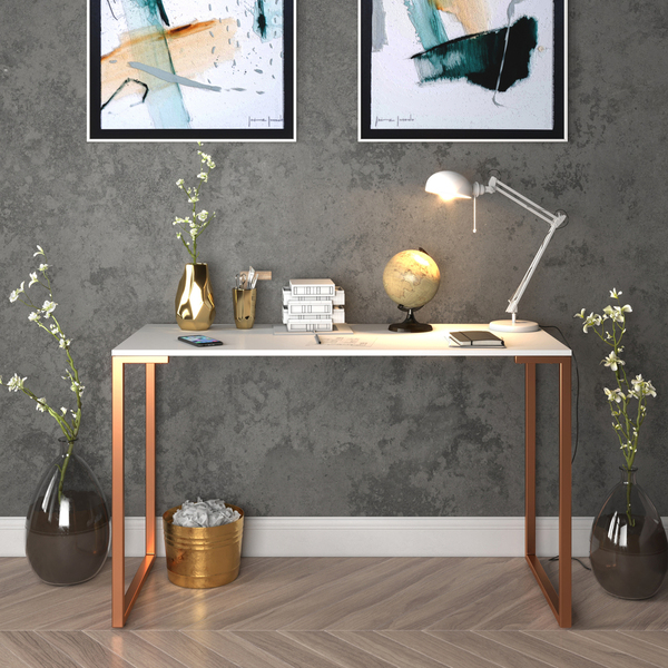 Mesa Escrivaninha Escritório 120x50cm Branco Com Cobre