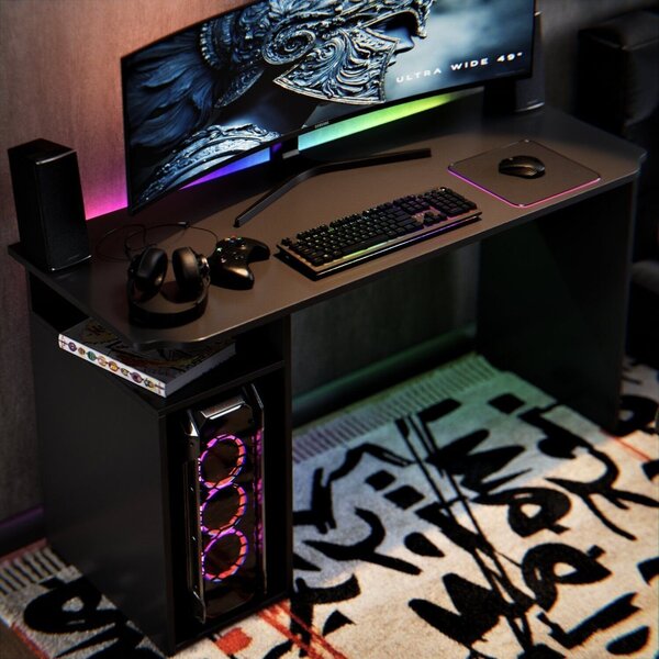 Mesa Escrivaninha Gamer Athenas Preta 115cm Com Nichos E ...