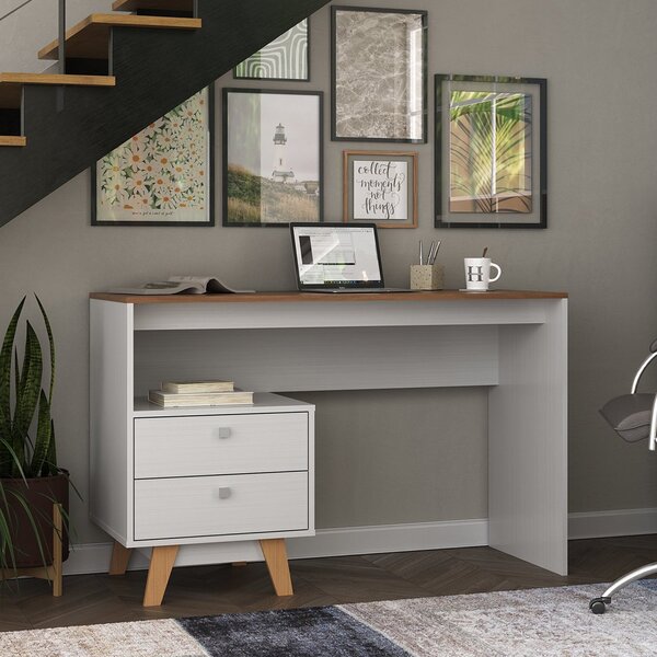 Mesa Escrivaninha Retrô Pés 2 Gavetas 120cm Pés Em Madeira Ma