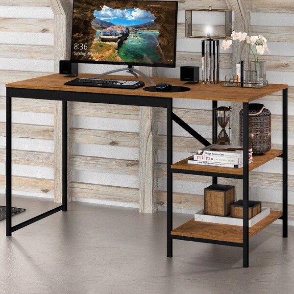 Mesa Escrivaninha Slim 2 Prateleiras Rústico Preto/canela Rús