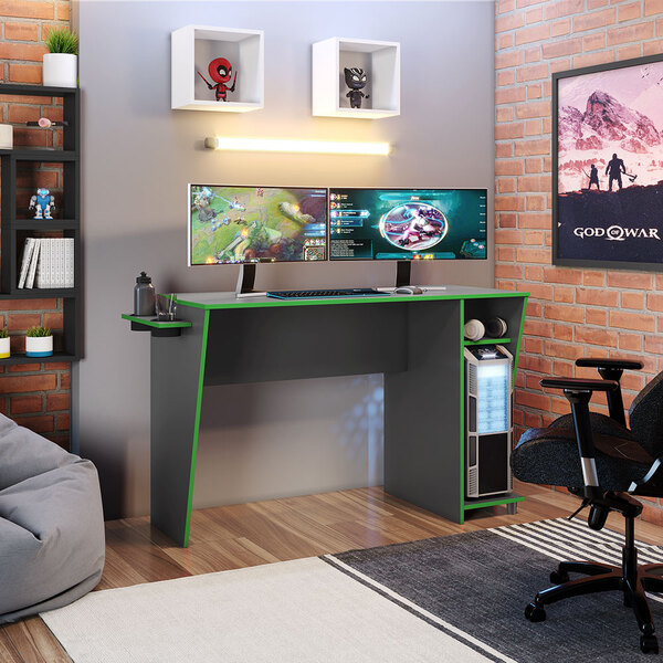 Mesa Gamer Com 02 Nichos 02 Suportes Para Copos Cyber Grafite