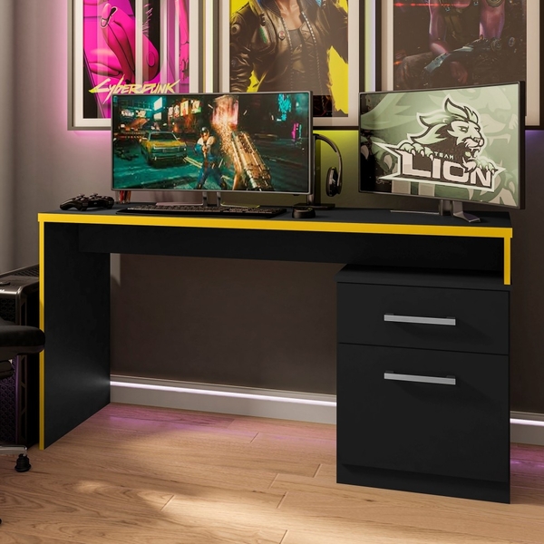Mesa Gamer Com Gaveteiro Versátil Gales Preto Amarelo