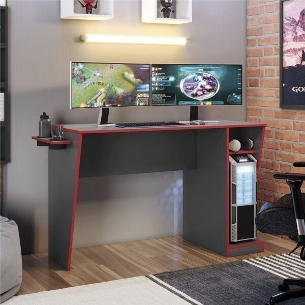 Mesa Gamer Com Suporte Cpu Cyber Candian Jcm Móveis Grafite E Vermelho ...