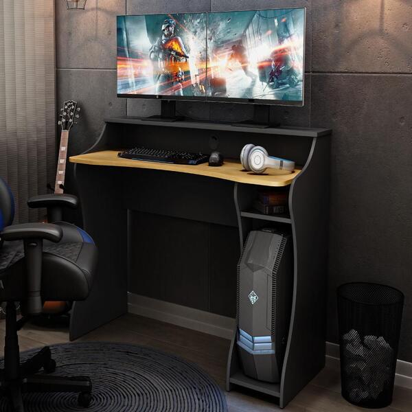 Mesa Gamer Em Madeira Maciça - Carvalho/preto