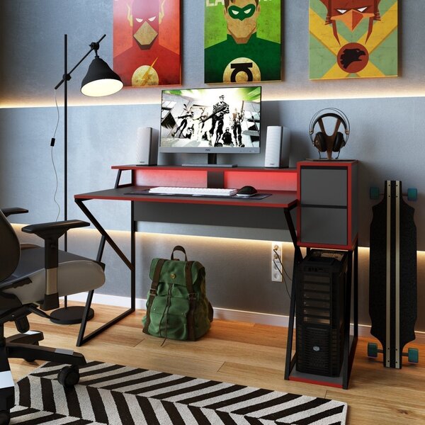 Mesa Gamer Escrivaninha 135cm 2 Gavetas Zed 4001  Preto/verme