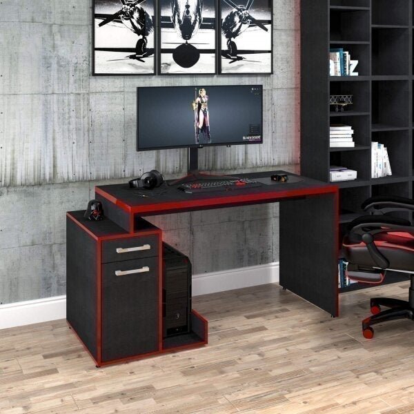 Mesa Gamer Escrivaninha 140 Cm Com Gaveta Shark  Preto Onix/v