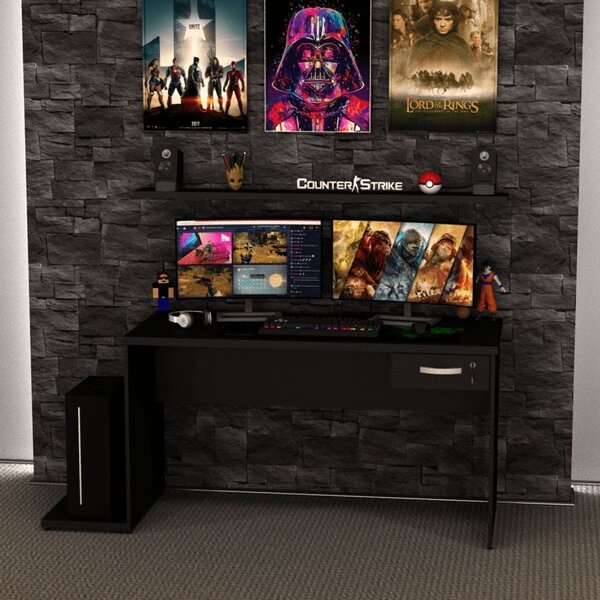 Mesa Gamer Escrivaninha 1 Gaveta 140x60cm Preto