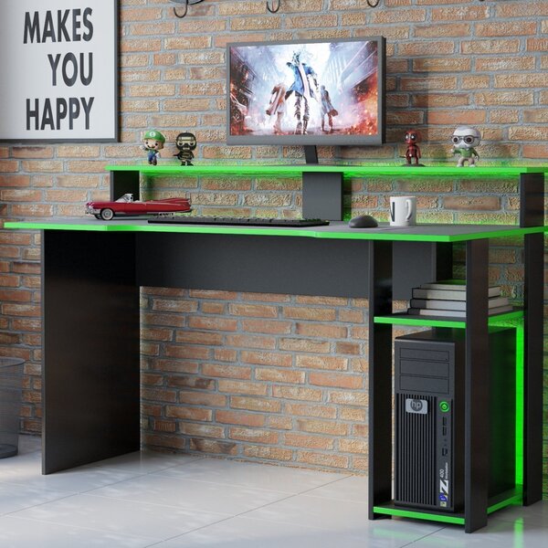 Mesa Gamer Escrivaninha 2 Prateleiras Movenord Preto/ Verde