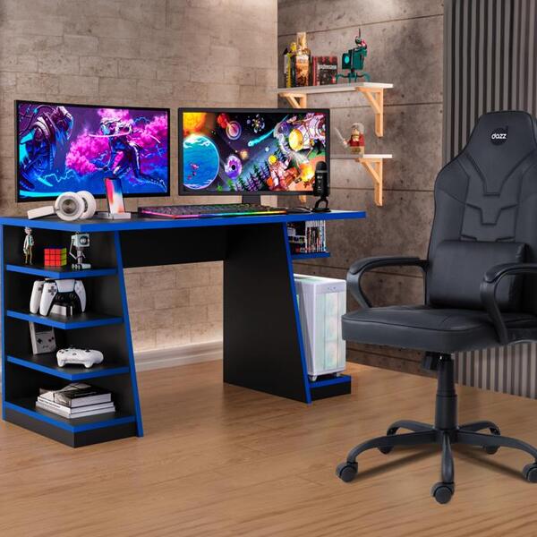Mesa Gamer Escrivaninha Max Escritório Quarto Preto/azul Com