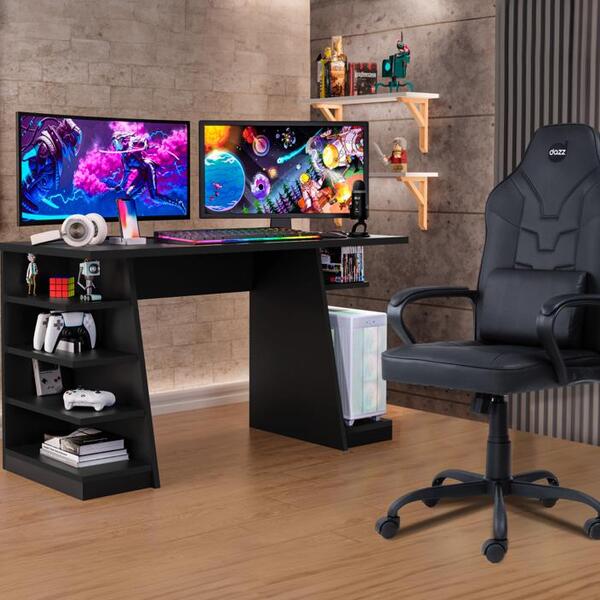 Mesa Gamer Escrivaninha Max Escritório Quarto Preto Com Cadei