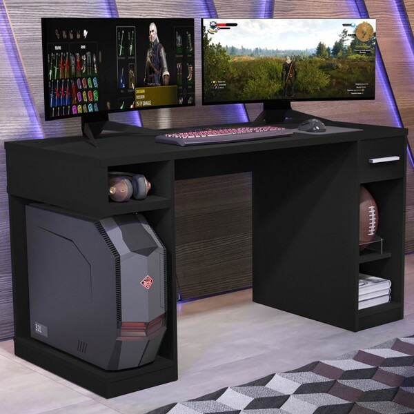Mesa Gamer Para 2 Monitores 1 Gaveta Black 31498 - Giga Móveis