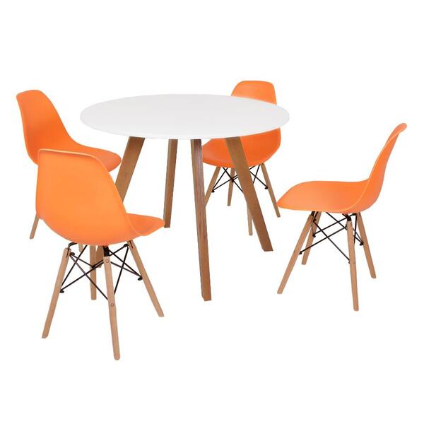 Mesa Inês 100cm Branca + 4 Cadeiras Eames Eiffel - Laranja