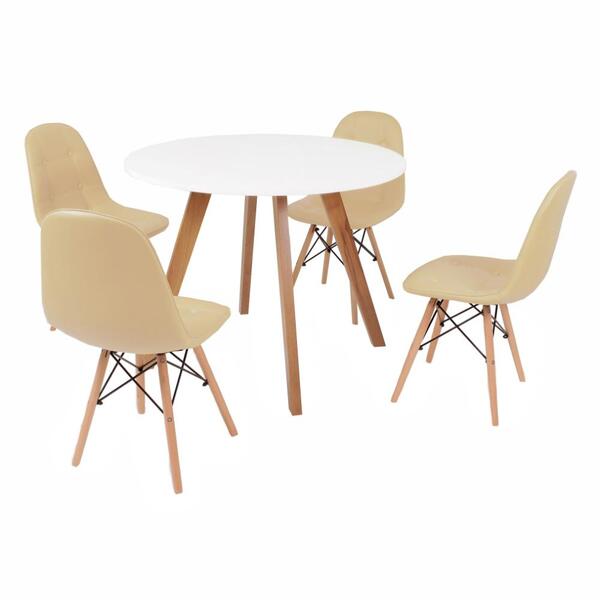 Mesa Inês 100cm Branca + 4 Cadeiras Eiffel Botonê - Nude