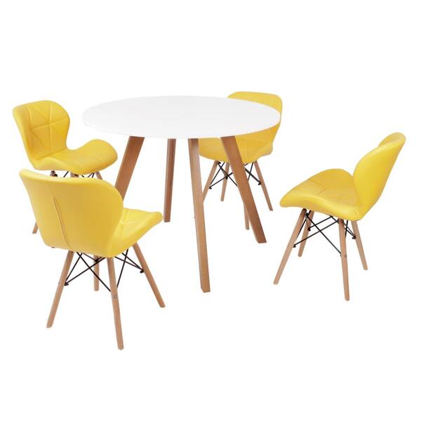 Mesa Inês 100cm Branca + 4 Cadeiras Eiffel Slim - Amarela