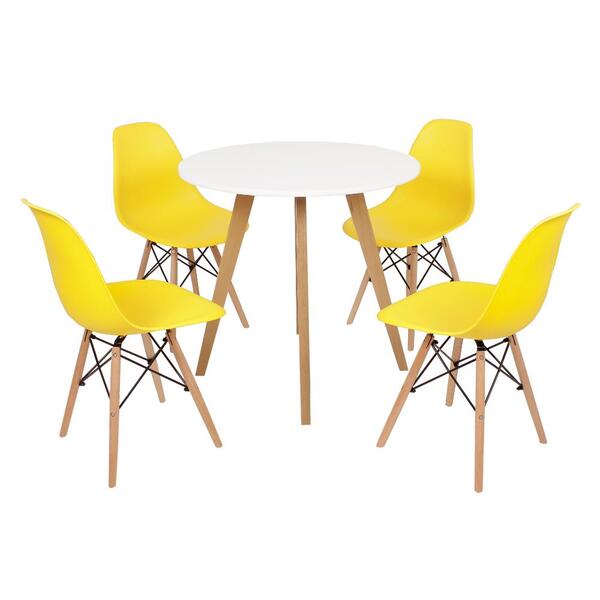 Mesa Inês 80cm Branca + 4 Cadeiras Eames Eiffel - Amarela