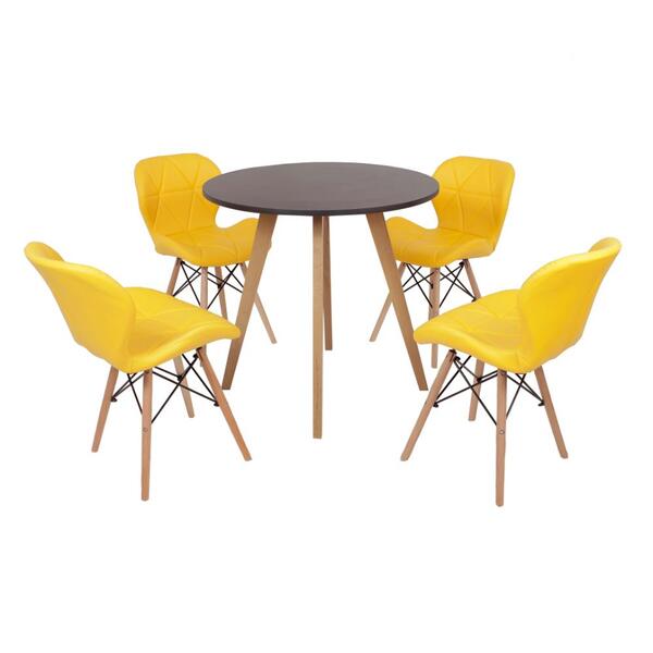 Mesa Inês 80cm Preta + 4 Cadeiras Eiffel Slim - Amarela