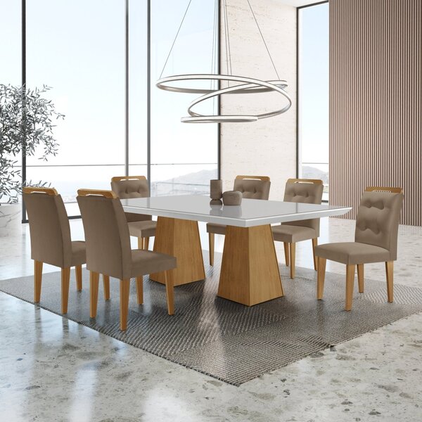 Mesa Inovare 180 Tp Mdf Vidro/canto Reto Com 6 Cadeiras Valen